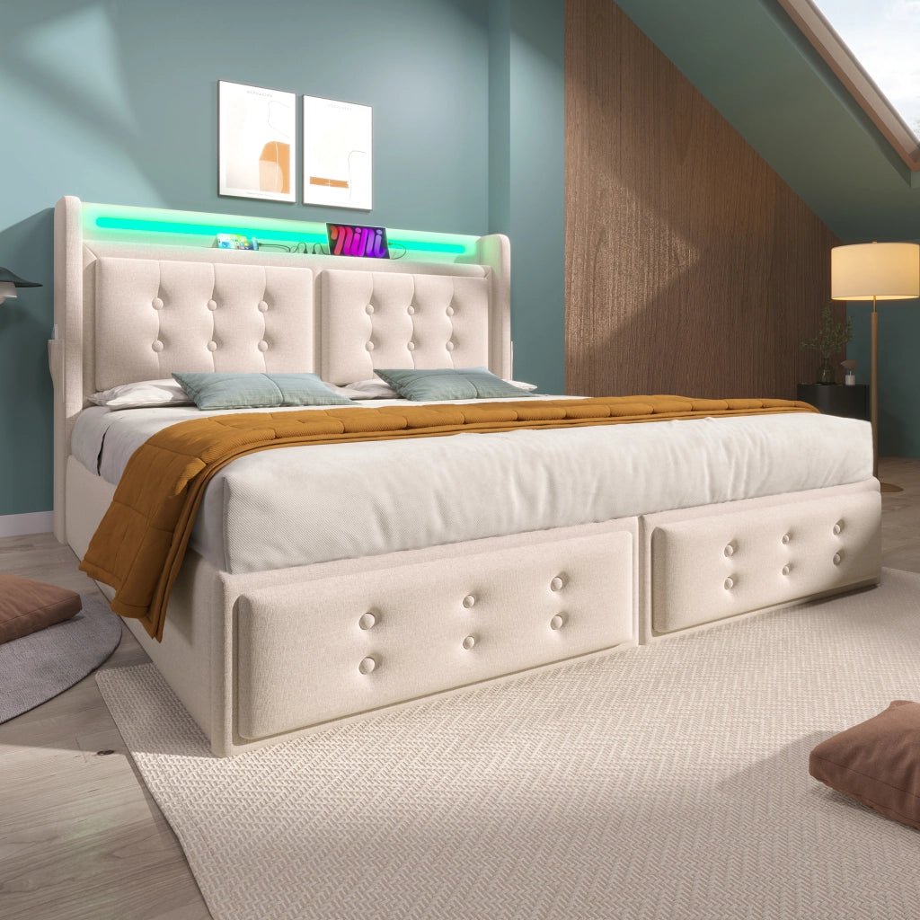 LETTO Contenitore 180x200 cm con LED e USB-C Beige in tessuto