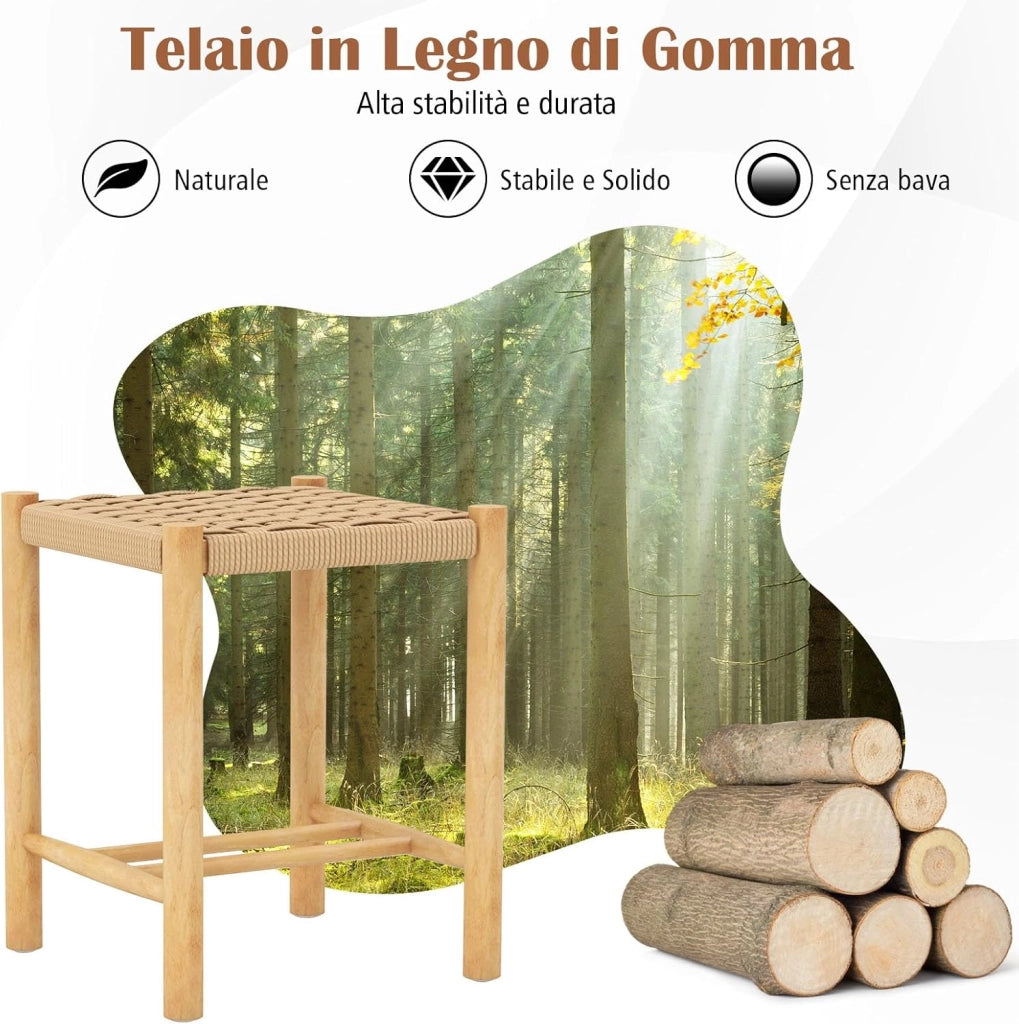 Set di 2 Sgabelli Intrecciata in Carta, Sgaballi Poggipiedi in Legno, Fino a 150 kg, 36 x 36 x 45 cm