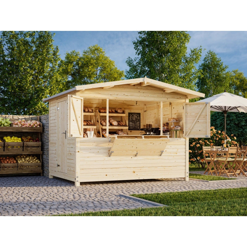 Chiosco in legno pieghevole 298x228 cm abete 16 mm con sportelli vendita apribili e pavimento incluso, gazebo bar esterno - Esterni da Vivere
