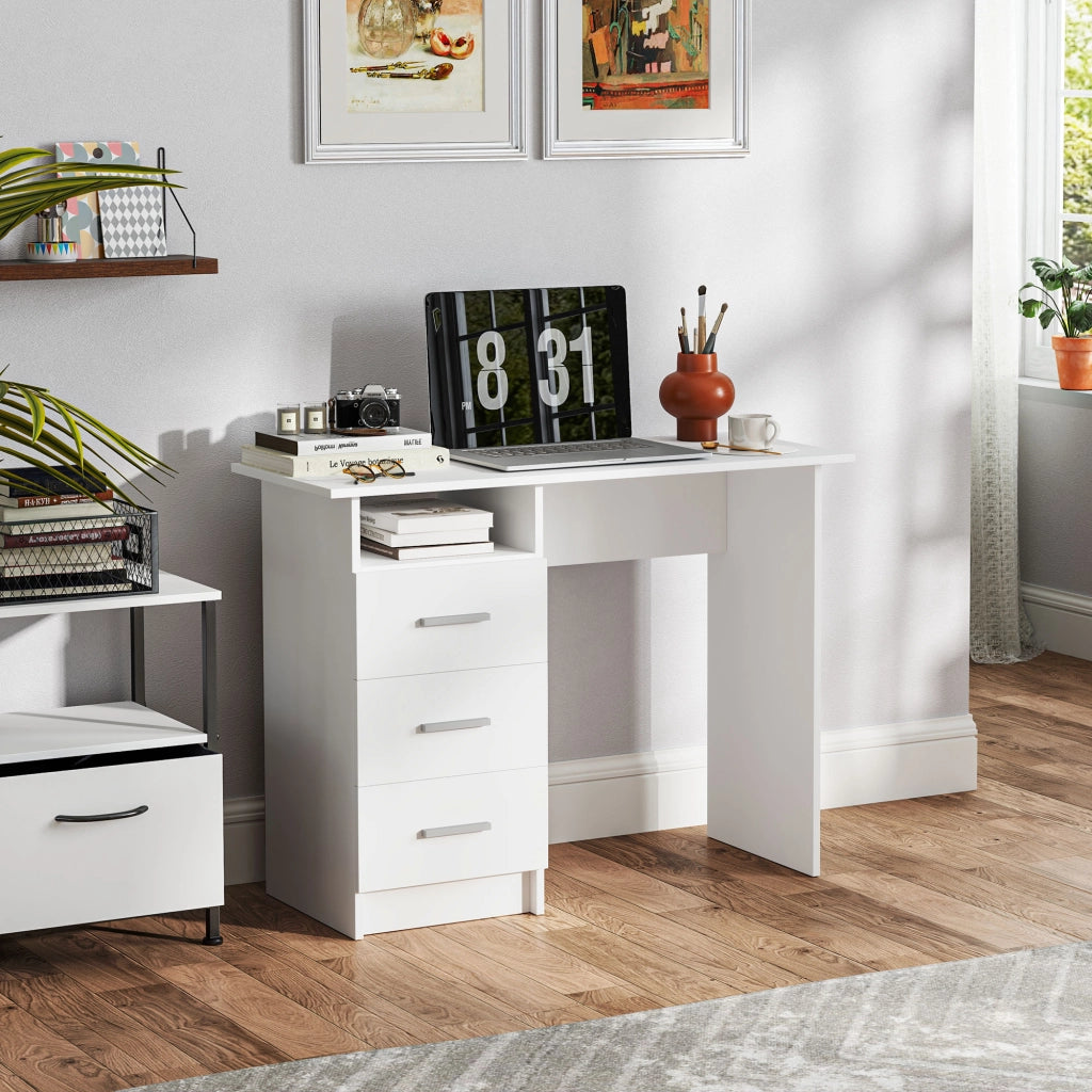 Scrivania computer con 3 cassetti e ripiano ¨C zephmum ¨C bianco legno 100x40x75 cm