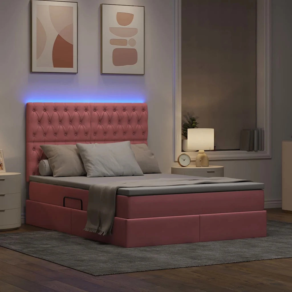 Letto con contenitore e LED con led Rosa 140 x 200 cm Velluto