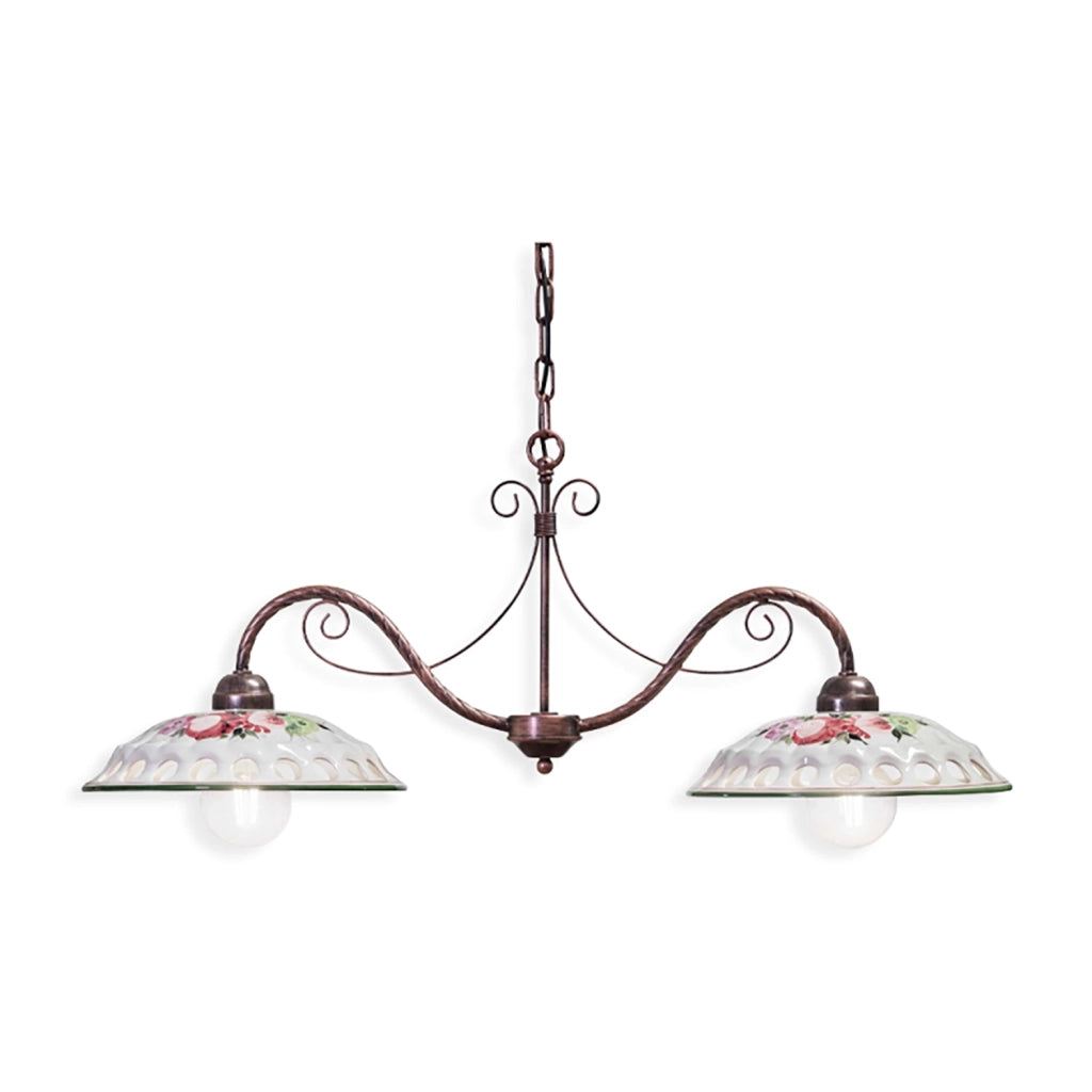 Lampadario Classico Napoli Metallo E Ceramica Bianco Sfumato Oro 2 Luci E27