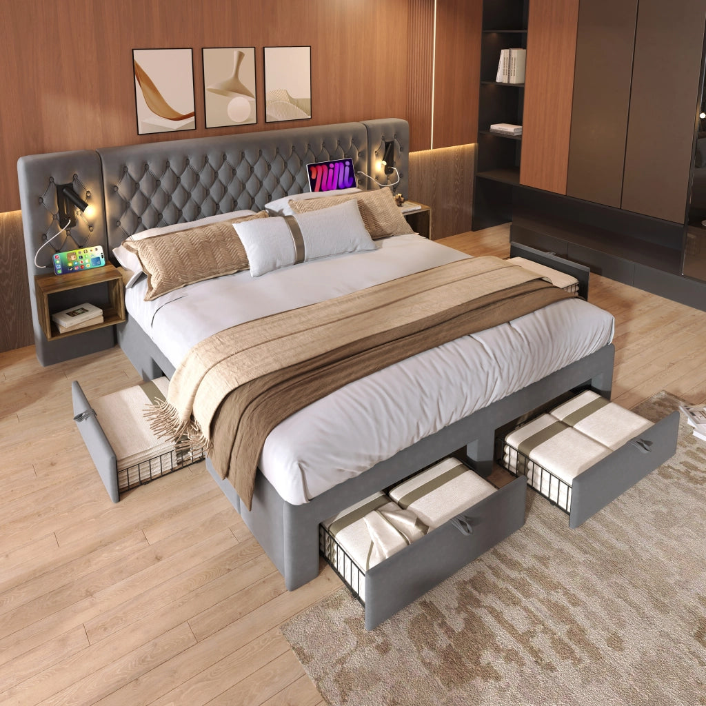 LETTO Contenitore 160x200 cm in velluto grigio con 2 comodini, 4 cassetti e ricarica USB/Type C