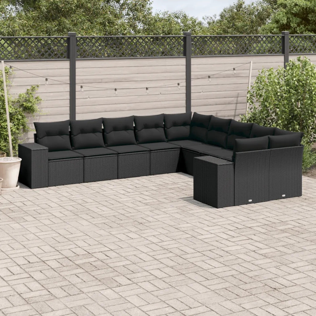 Set Divani da Giardino 10pz con Cuscini in Polyrattan Nero 3223104
