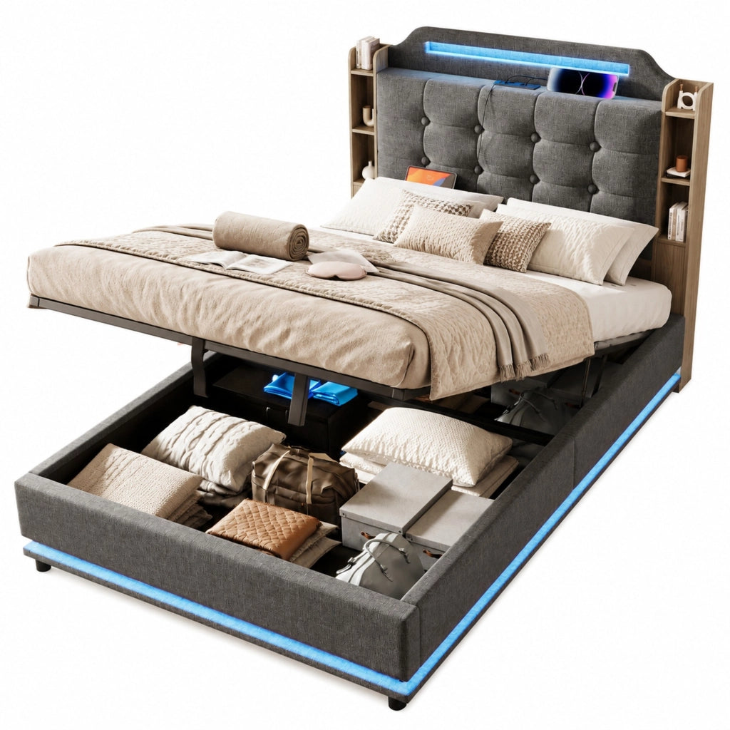 Letto imbottito 140x200 cm con LED, contenitore idraulico e USB Type-C