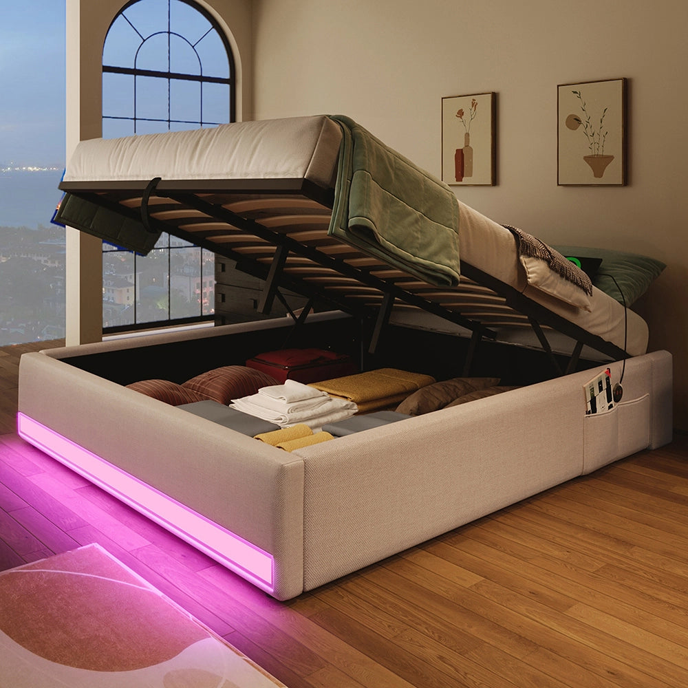 Letto contenitore - Xylo - 140x200 cm LED USB beige