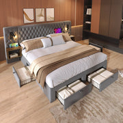LETTO Matrimoniale 180x200 cm in Velluto Grigio con 2 Comodini e 4 Cassetti