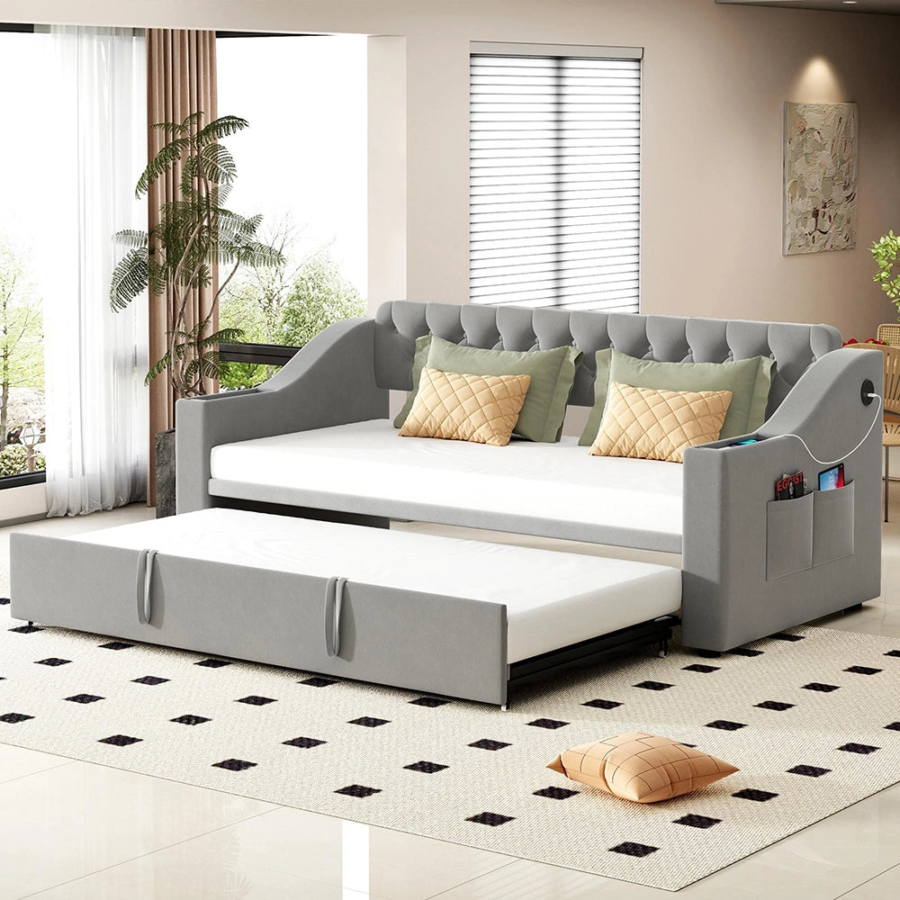 Divano letto - Xylo - 90/180x190 cm braccioli USB velluto grigio