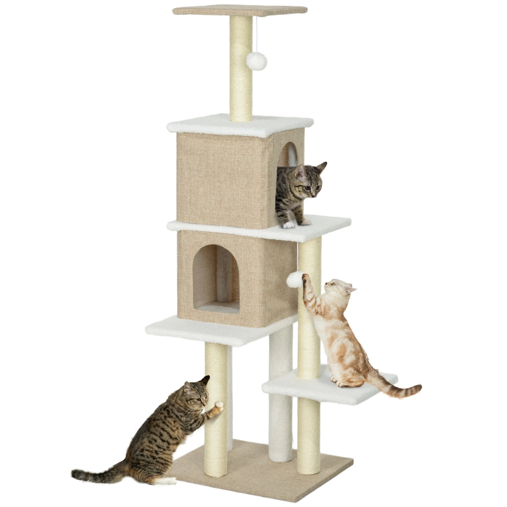 Albero tiragraffi per gatti con 2 tane e piattaforme ¨C Minimal ¨C 140 cm marrone chiaro