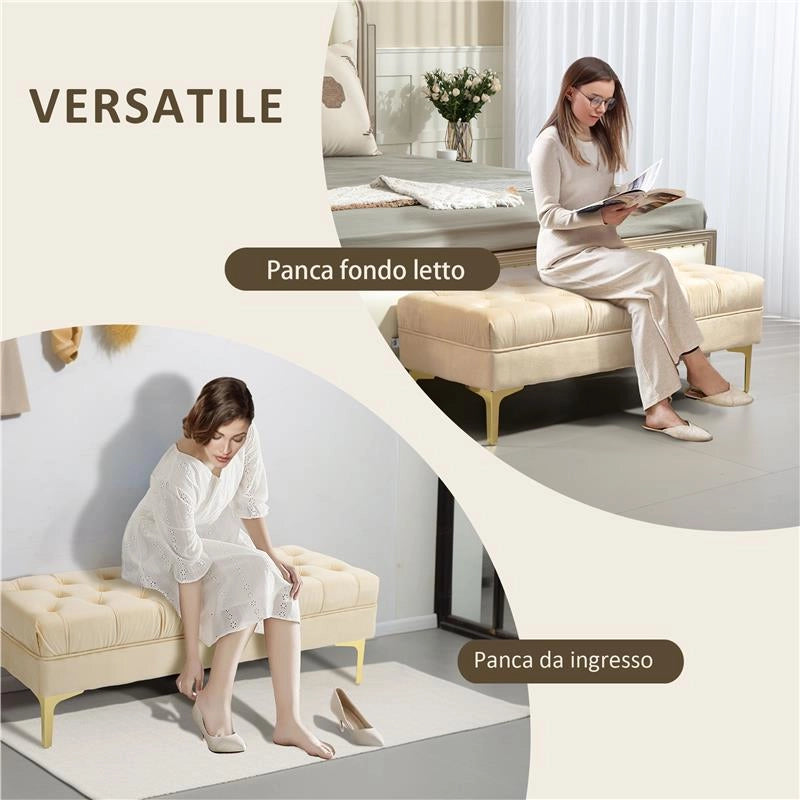 PANCA FONDO LETTO IMBOTTITA CON RIVESTIMENTO TRAPUNTATO IN TESSUTO EFFETTO VELLUTO 118X45X42 CM BEIGE