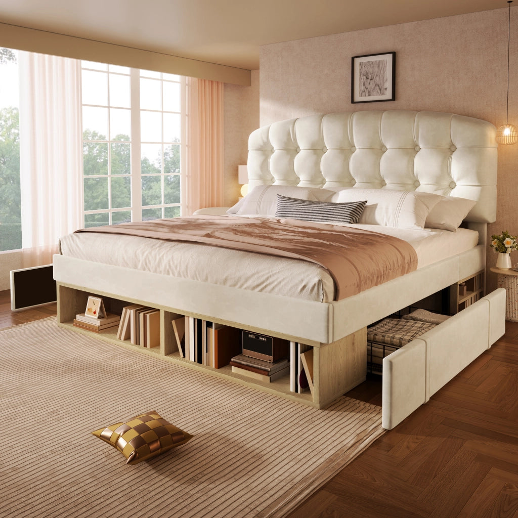 LETTO imbottito 140x190 cm in velluto beige con testiera regolabile e cassetti