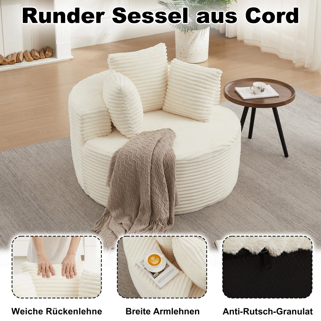POLTRONA tonda 110 cm in velluto a coste beige con 3 cuscini