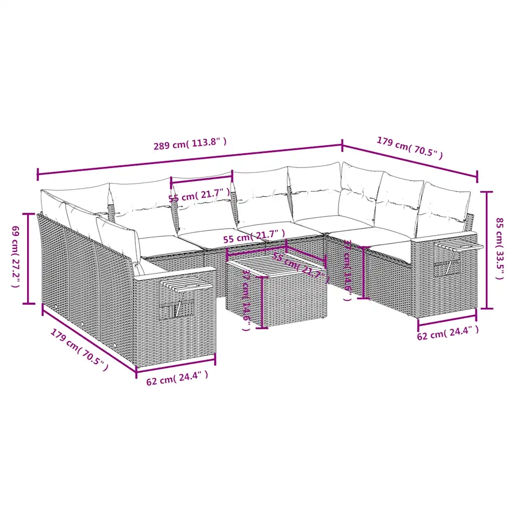 Set Divani da Giardino 10 pz con Cuscini Grigio in Polyrattan 3227125