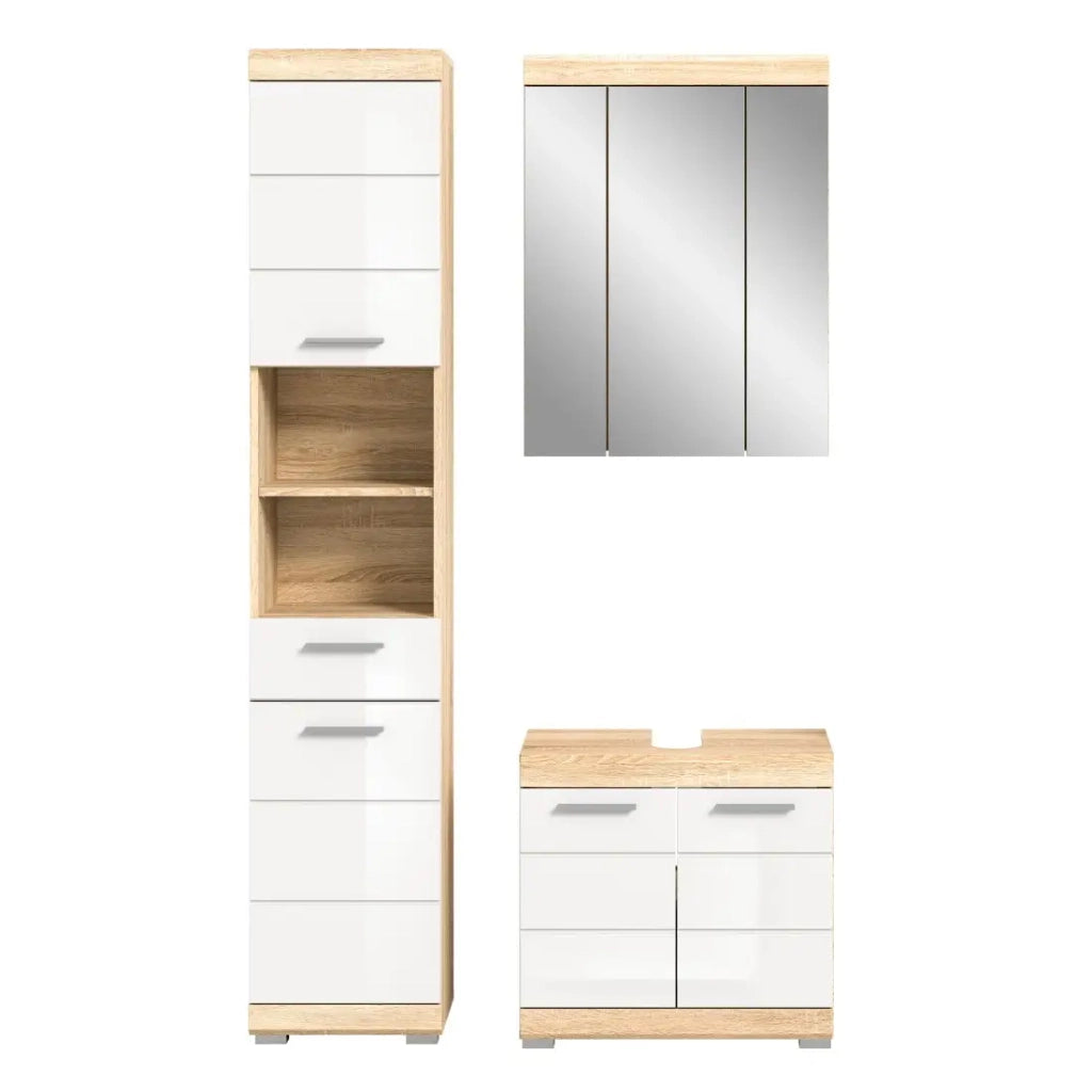 Set di mobili da bagno RIDLEY – Mobile sottolavabo, colonna e mobile con specchio – Bianco e rovere chiaro