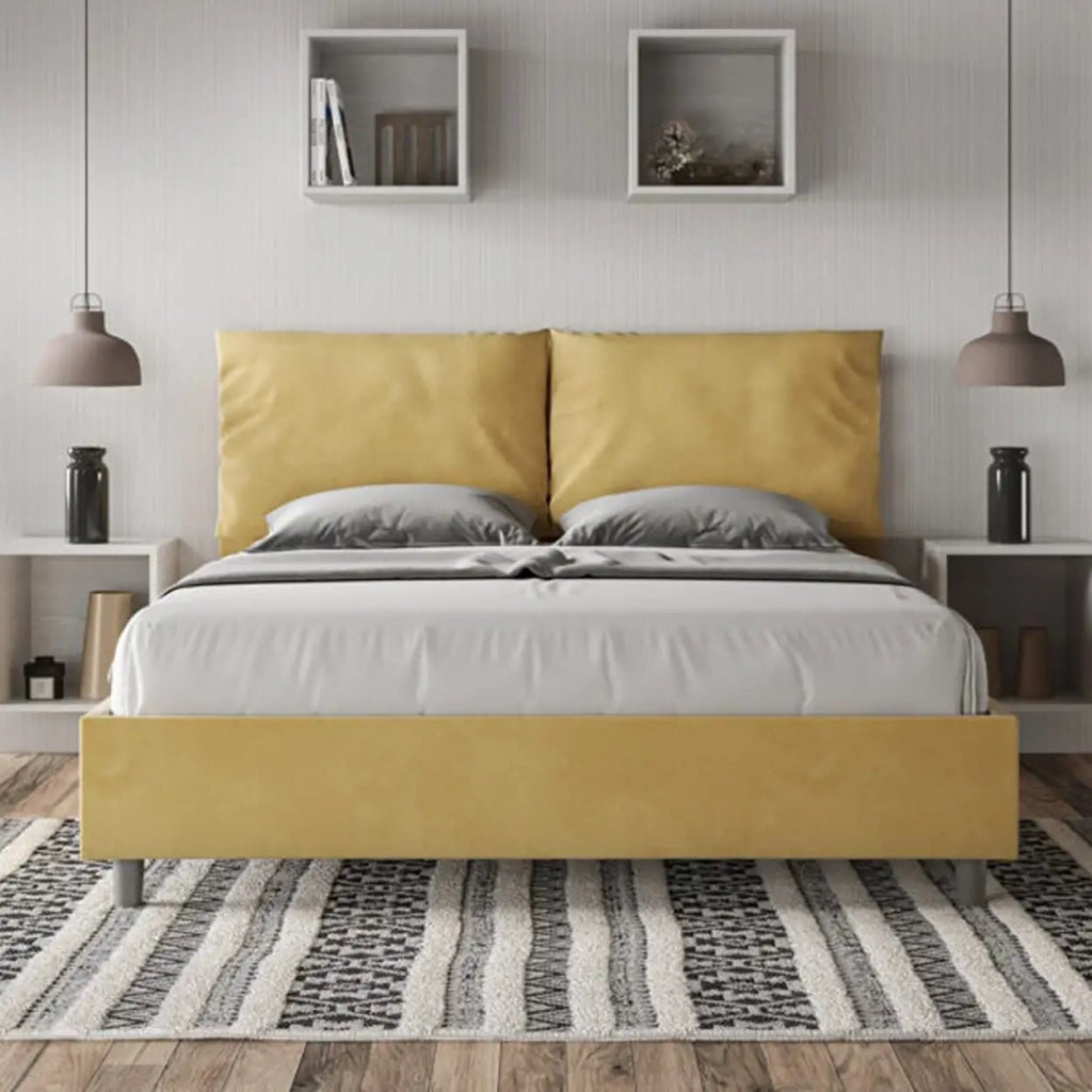 Letto matrimoniale con rete imbottito 160x200 microfibra ocra Antea