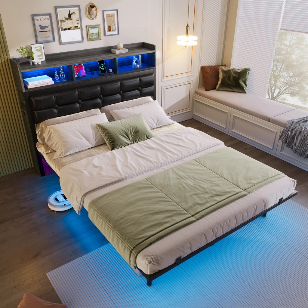 Letto matrimoniale 140x190 grigio con doghe 2 comodini estraibili USB/Type-C LED