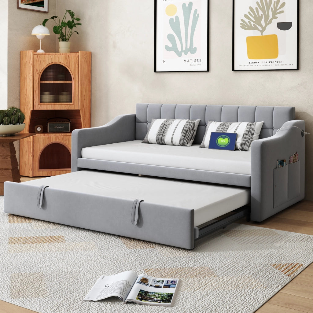 Letto divano 2 in 1 imbottito velluto grigio chiaro 90x190 cm