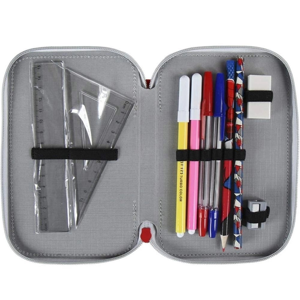 Trade Shop - Astuccio Triplo Spiderman 3 Zip Completo Accessoriato Bambini Scuola -