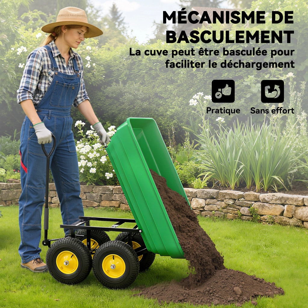 Carrello da Giardino 4 Ruote ¨C zephmum ¨C Giallo Verde 75L 200kg