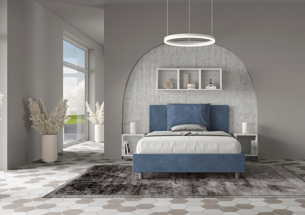 BS COM Letto queen size senza rete imbottito 150x190 microfibra blu