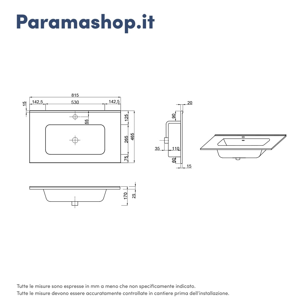 Mobile sospeso 80 cm rovere scuro con un cassetto, vano a giorno e lavabo | Sauris