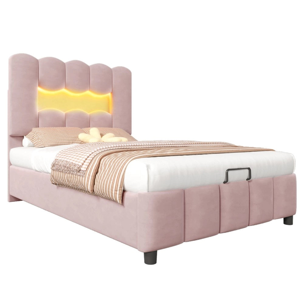 Letto Imbottito con Contenitore e LED ¨C MINIMAL ¨C Velluto Rosa 90x200