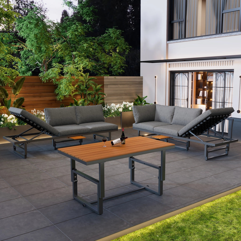 OKWISH Set 3 pezzi 2 Divanetti e 1 Tavolo da Giardino, con Cuscini e Piani Regolabili, Ferro Grigio