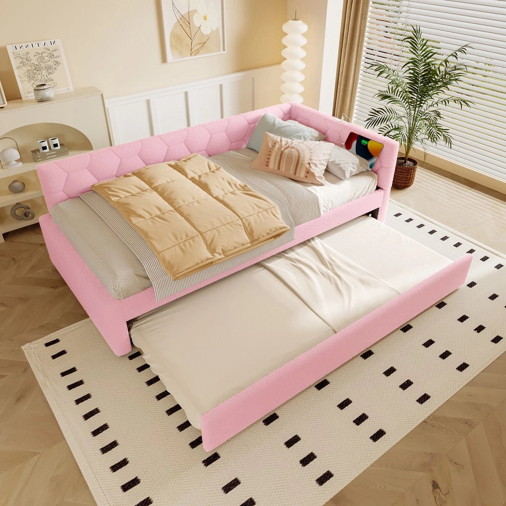 Letto Singolo con Divano e Rete a Doghe ¨C MINIMAL ¨C Rosa, Tessuto, 90x200