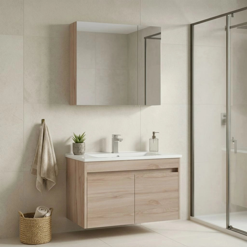 Set mobile lavabo con specchio (2 pezzi) "Side 85 v2" - 85 x 45 x 52 cm - Rovere