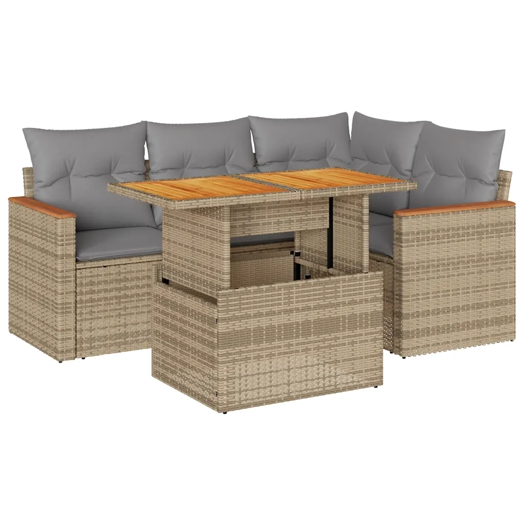 Set Divano da Giardino 5 pz con Cuscini Beige Polyrattan Acacia 3327482
