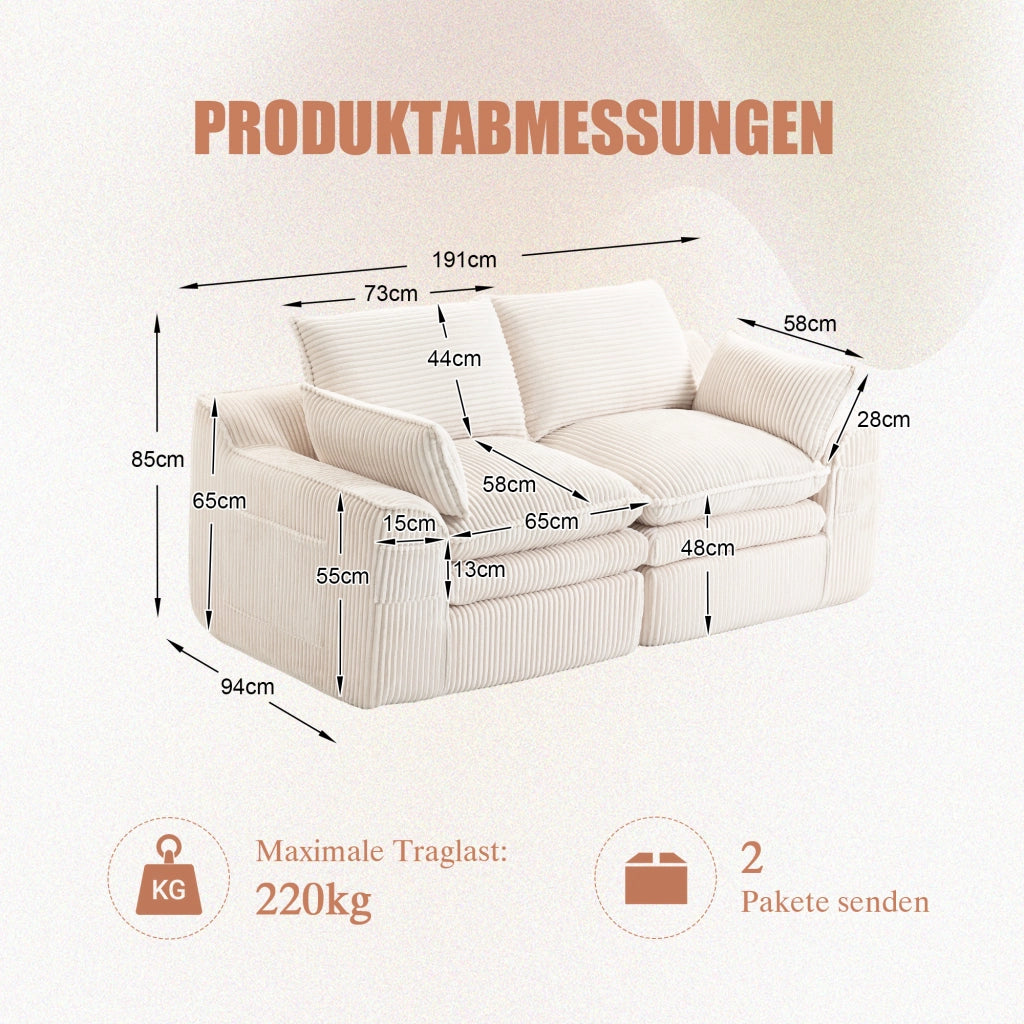 DIVANO 2 posti 191x94x85 cm in corduroy beige
