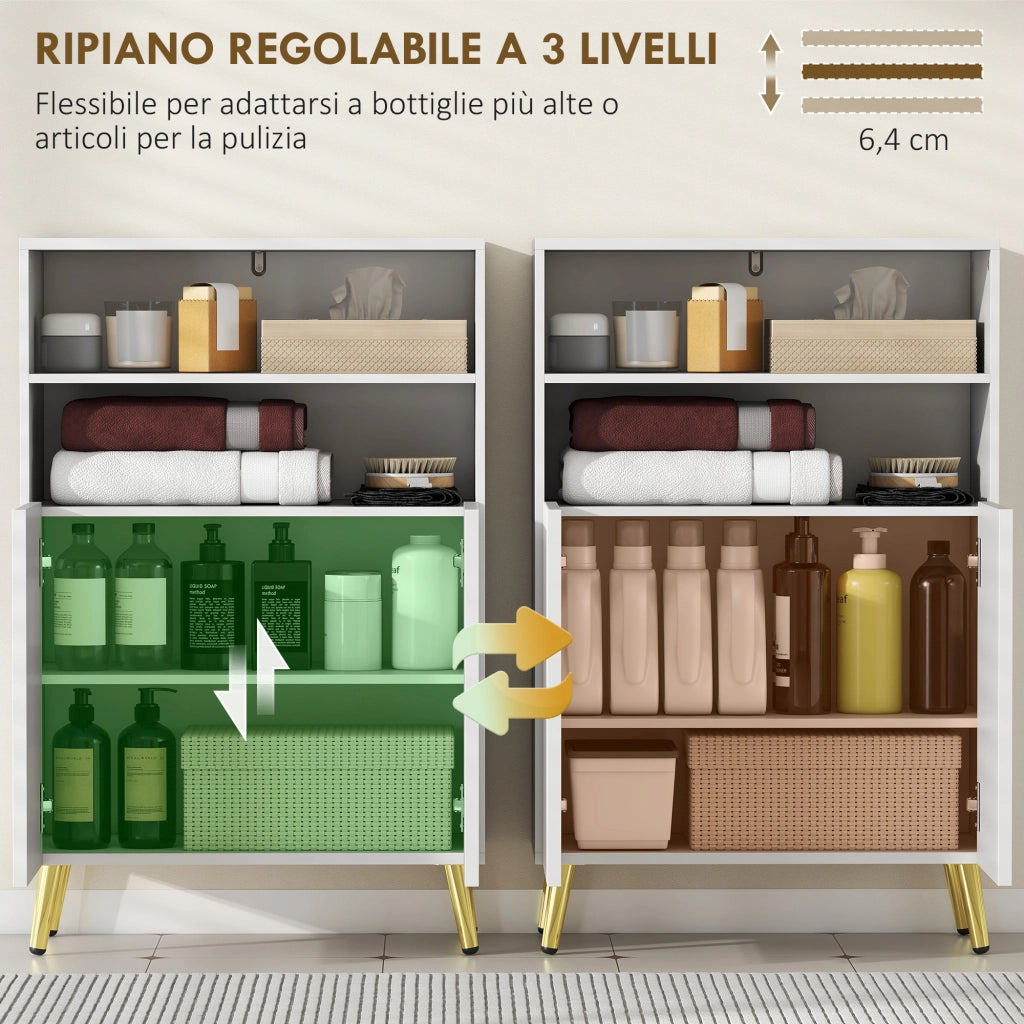 Mobiletto Bagno Moderno 60x31,8x93 cm con 2 Ripiani Aperti e Armadietto con Ante Ammortizzate in MDF Bianco