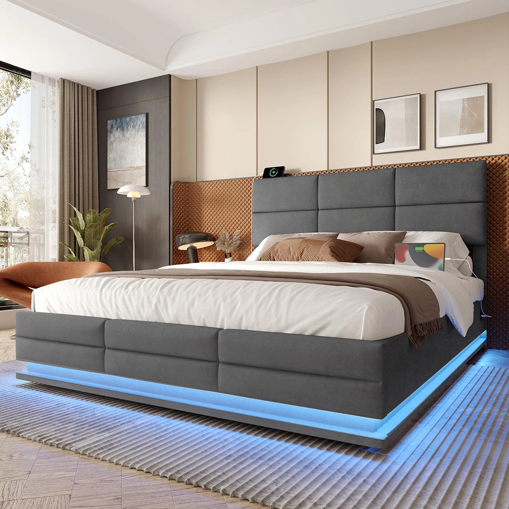 Letto 140x200cm imbottito - Xylo - velluto grigio USB idraulico LED