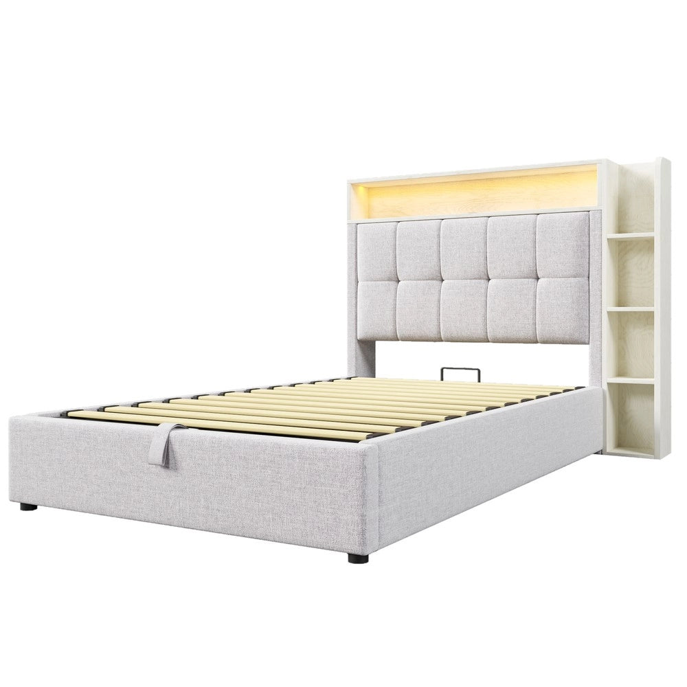 Letto Imbottito con LED e Contenitore ¨C MINIMAL ¨C Tessuto Beige 90x200