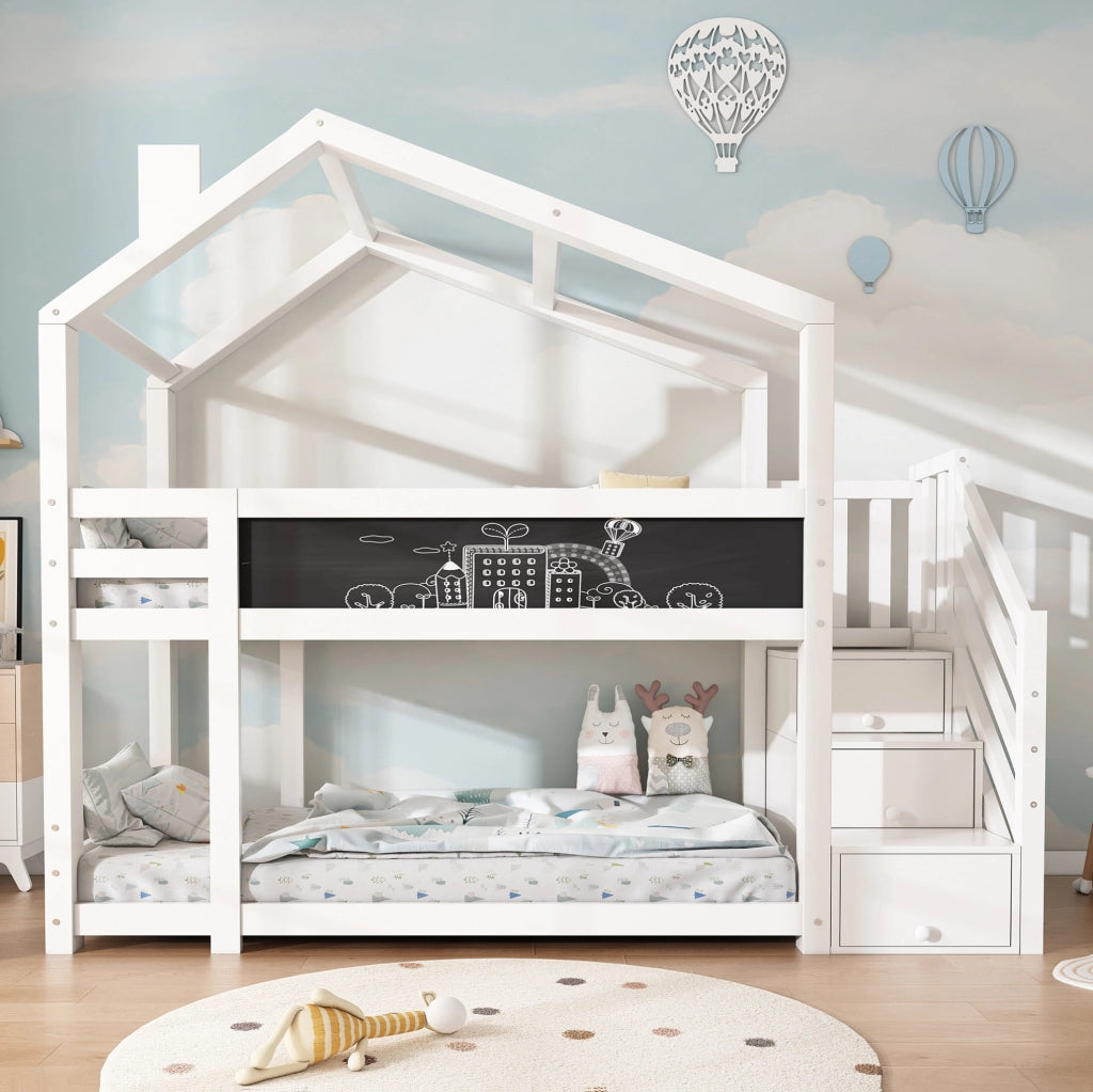 Letto a castello a casetta 90x200 cm con scala contenitore e lavagna
