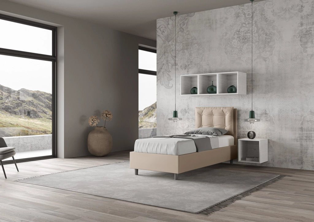 BS COM Letto singolo con rete imbottito 80x210 similpelle tortora