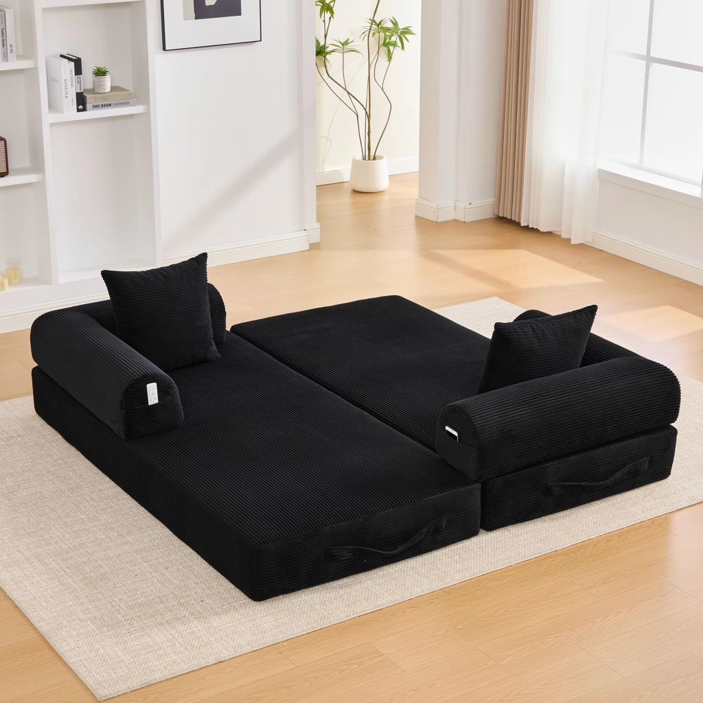 DIVANO modulare 200x94x67 cm in velluto a coste nero con 3 cuscini