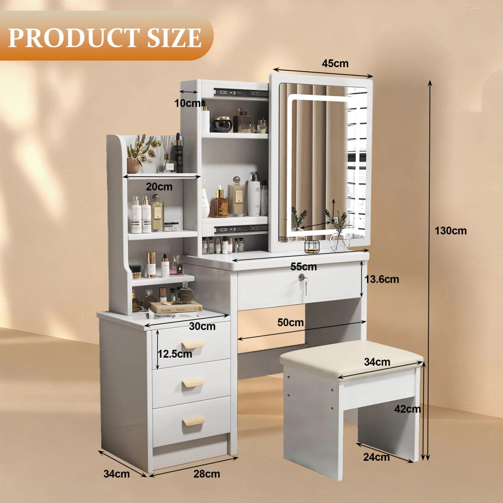 Tavolo Trucco con Specchio Illuminato e Sgabello, 4 Cassetti, Luce 3 Colori ¨C MINIMAL ¨C Bianco 85x130x36cm