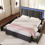 LETTO Imbottito 140x200 cm Grigio con testiera regolabile, LED e 4 cassetti