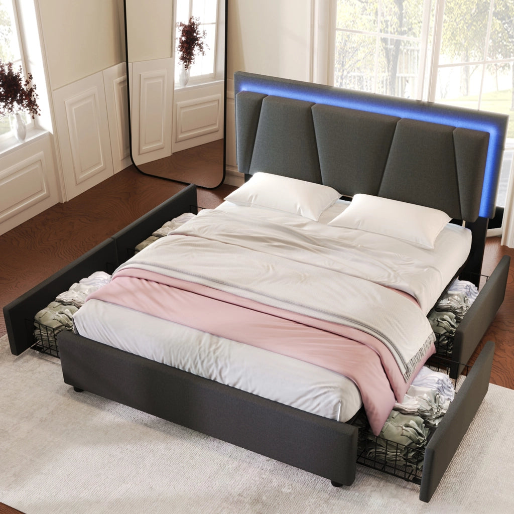 LETTO Imbottito 140x200 cm Grigio con testiera regolabile, LED e 4 cassetti