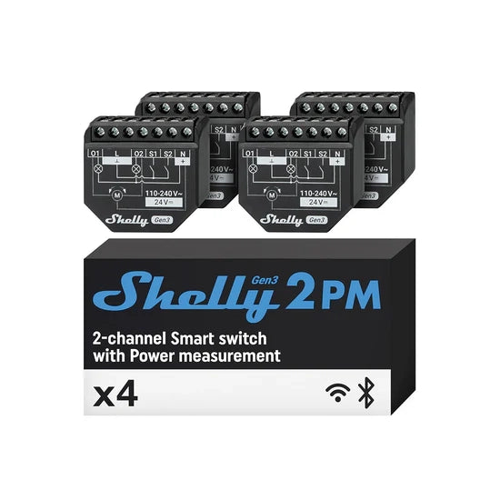 Shelly 2PM Gen3 - Relè Smart Wi-Fi con Misurazione Consumi - Confezione da 4 Pezzi