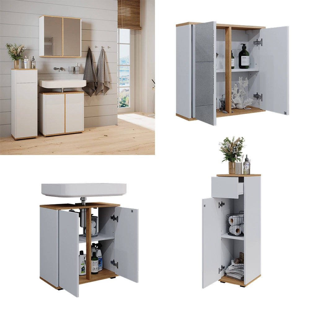 Vicco Set mobili bagno Bianco/Artisan 3 pezzi, mobile midi con cassetti 60 cm