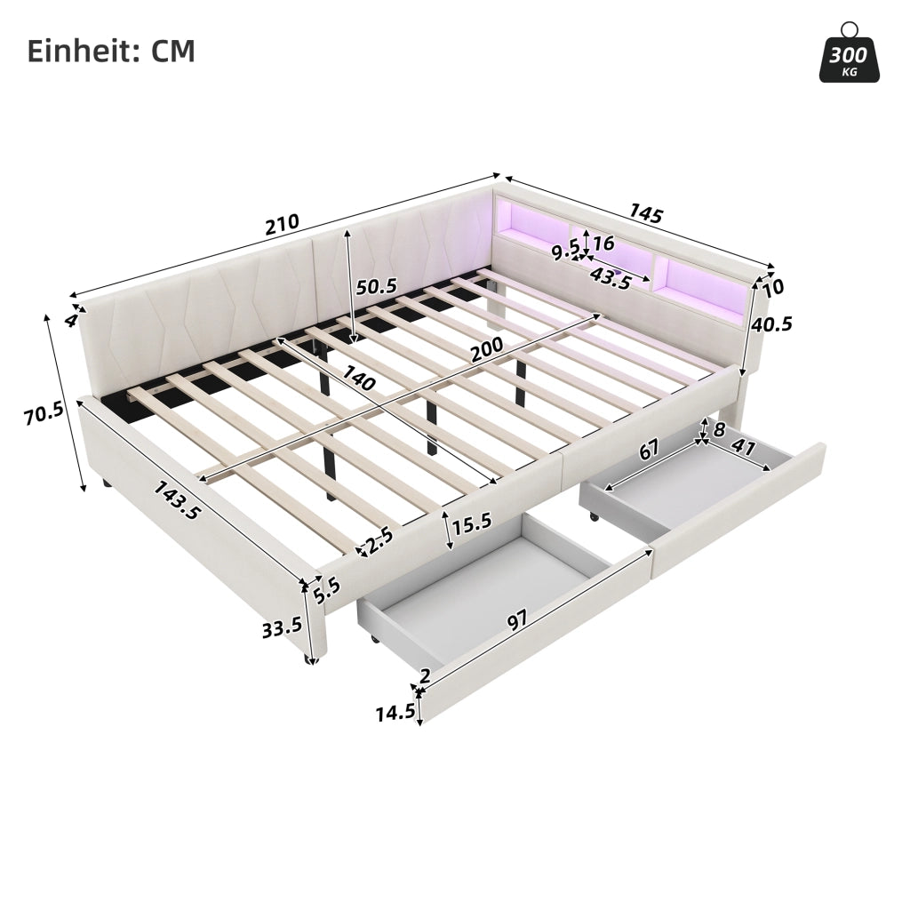 Letto Divano con Cassetti, LED e USB ¨C MINIMAL ¨C Tessuto Beige 140x200