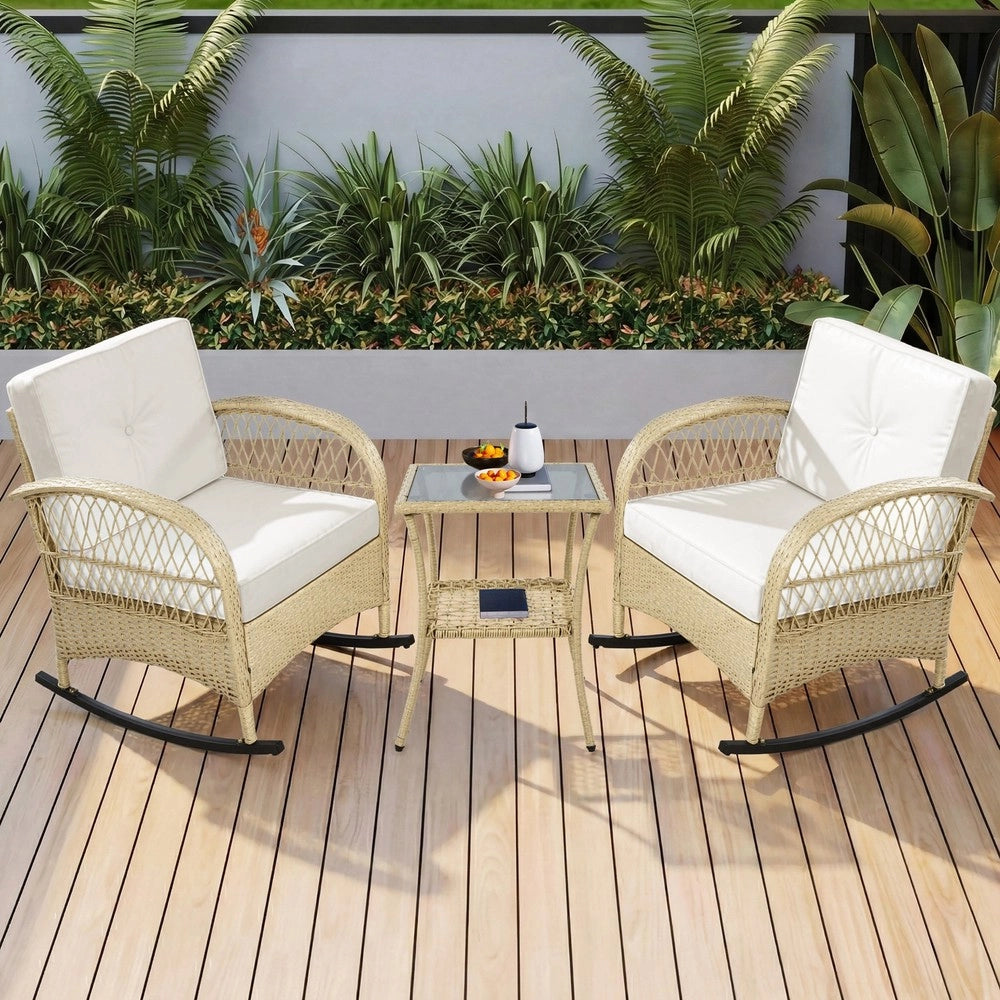 Set da balcone in rattan - Zephmum- 3 pezzi con dondolo e cuscini beige, portata 160 kg