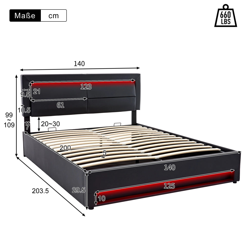 LETTO Imbottito 140x200 cm PU Nero con USB, LED e contenitore