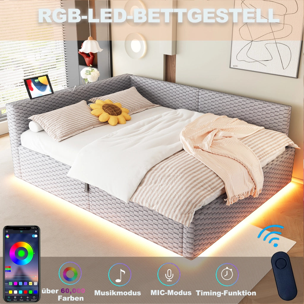 LETTO Contenitore 140x200 cm in velluto grigio con LED e porte USB