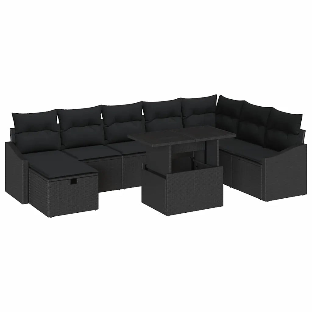 Set Divano da Giardino con cuscino 9 pcs Nero Poly Rattan