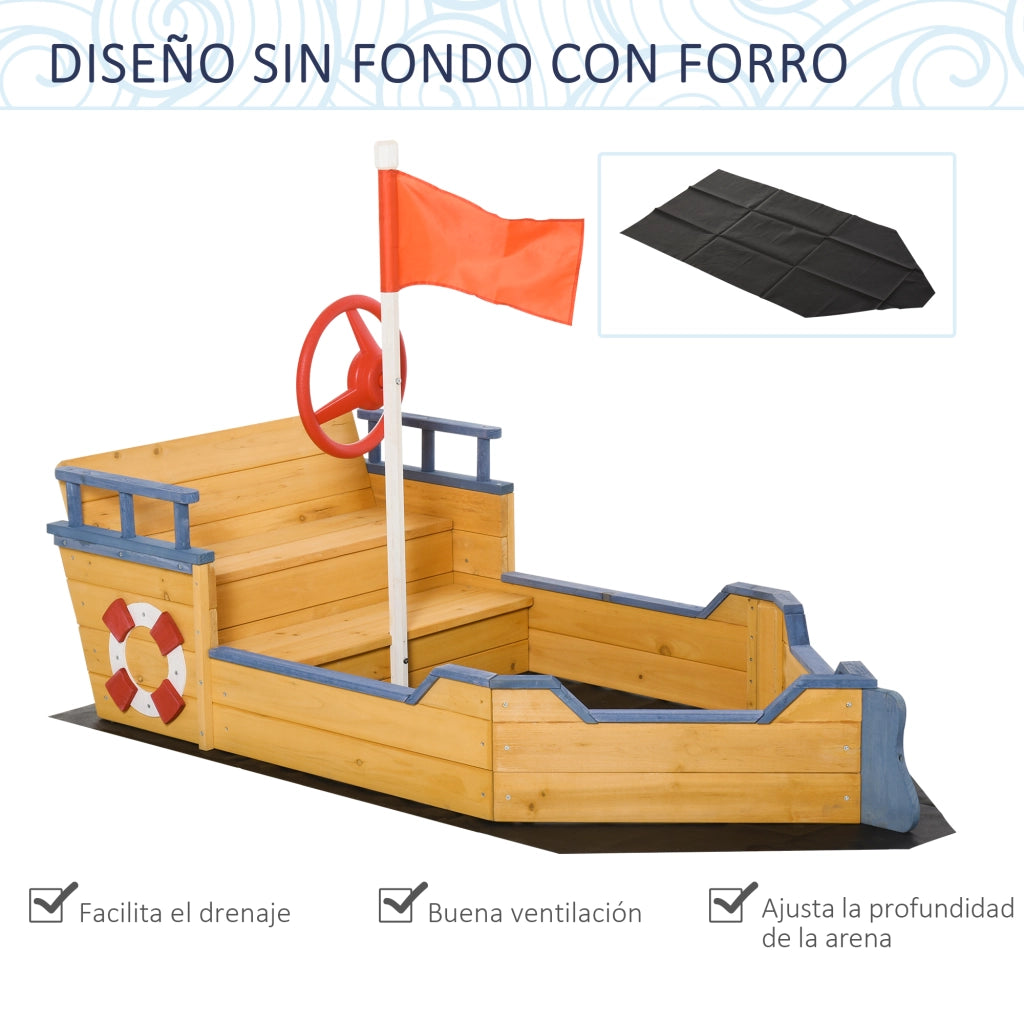 Arenero per Bambini in Legno con Bandiera e Timone ¨C zephmum ¨C Naturale 158x78x45,5 cm
