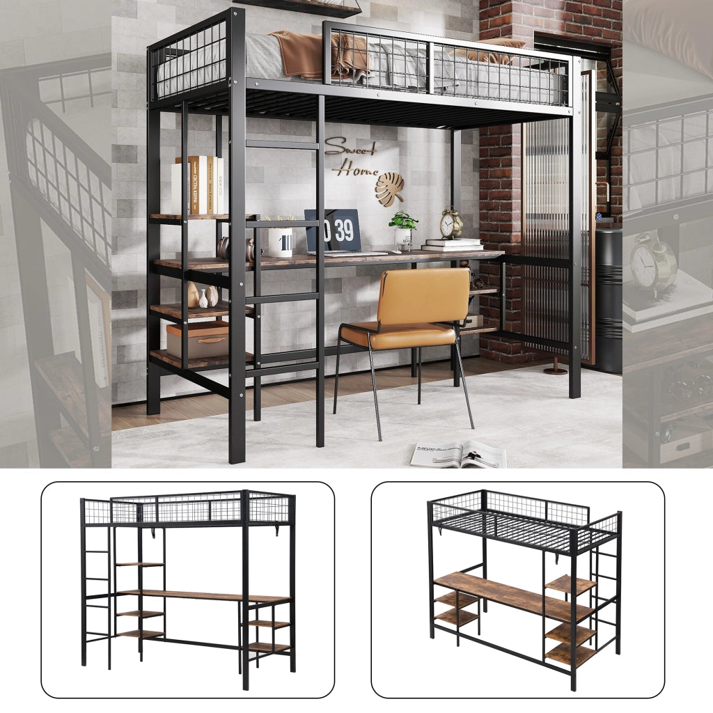 Letto a soppalco 90 × 200 cm con scrivania e ripiani scala a 4 gradini in metallo nero e legno scuro