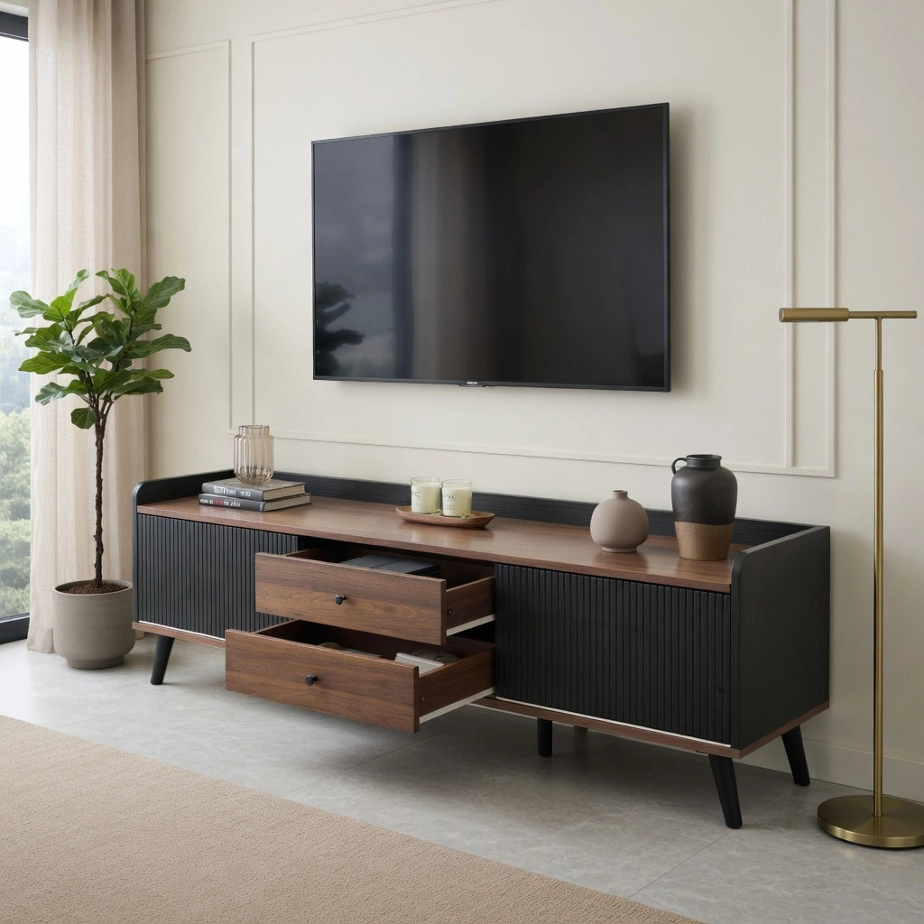 Cassettiera per TV nera e legno; truciolato; lunghezza 160 cm